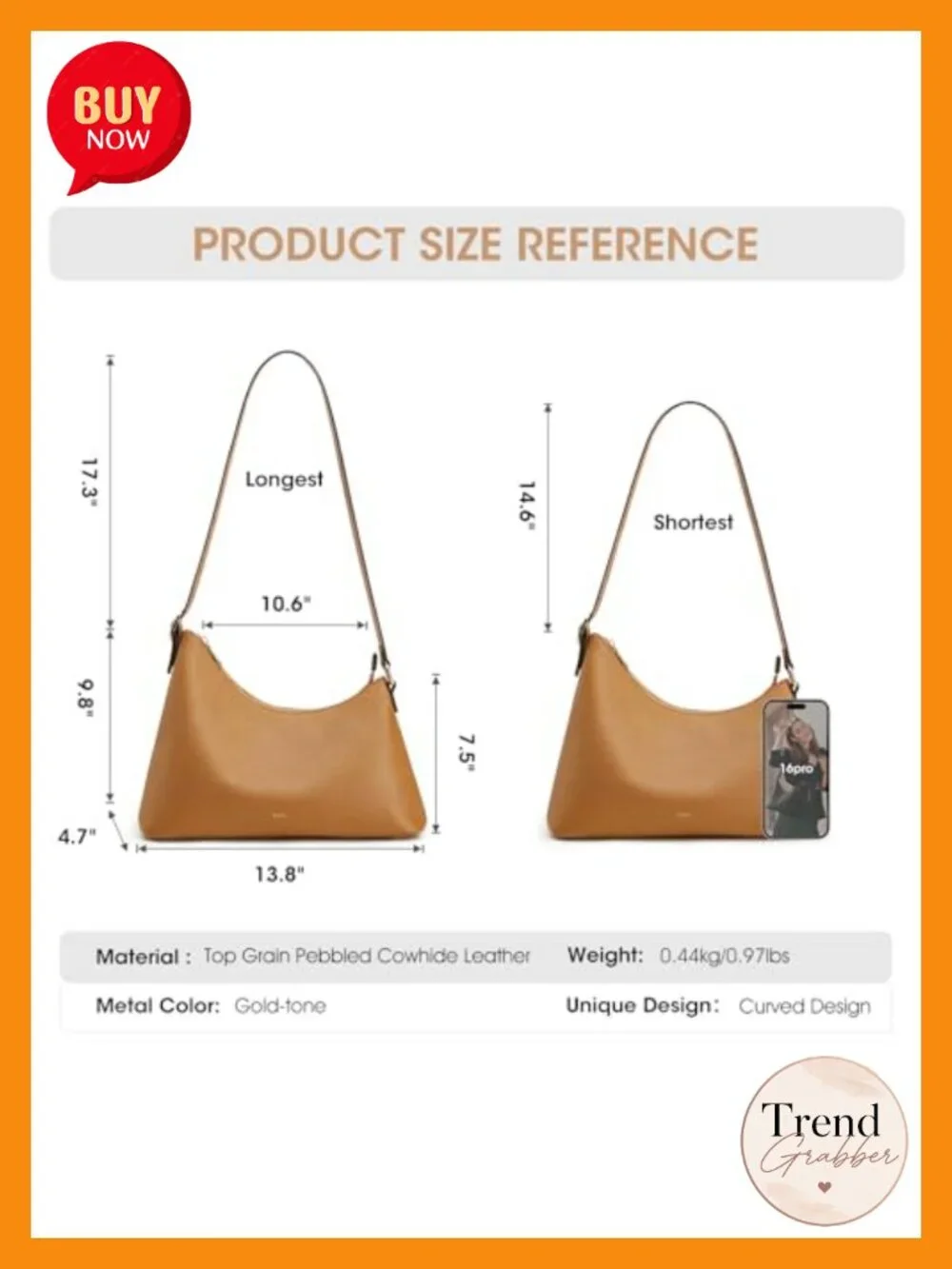 Leather Hobo Shoulder Bag, Work Tote with Card Pockets, Adjustable Strap